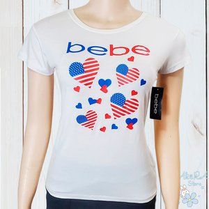 NWT BEBE AUTHENTIC JULY 4TH WOMEN'S WHITE CREW NECK SHORT SLEEVE T-SHIRT M L XL